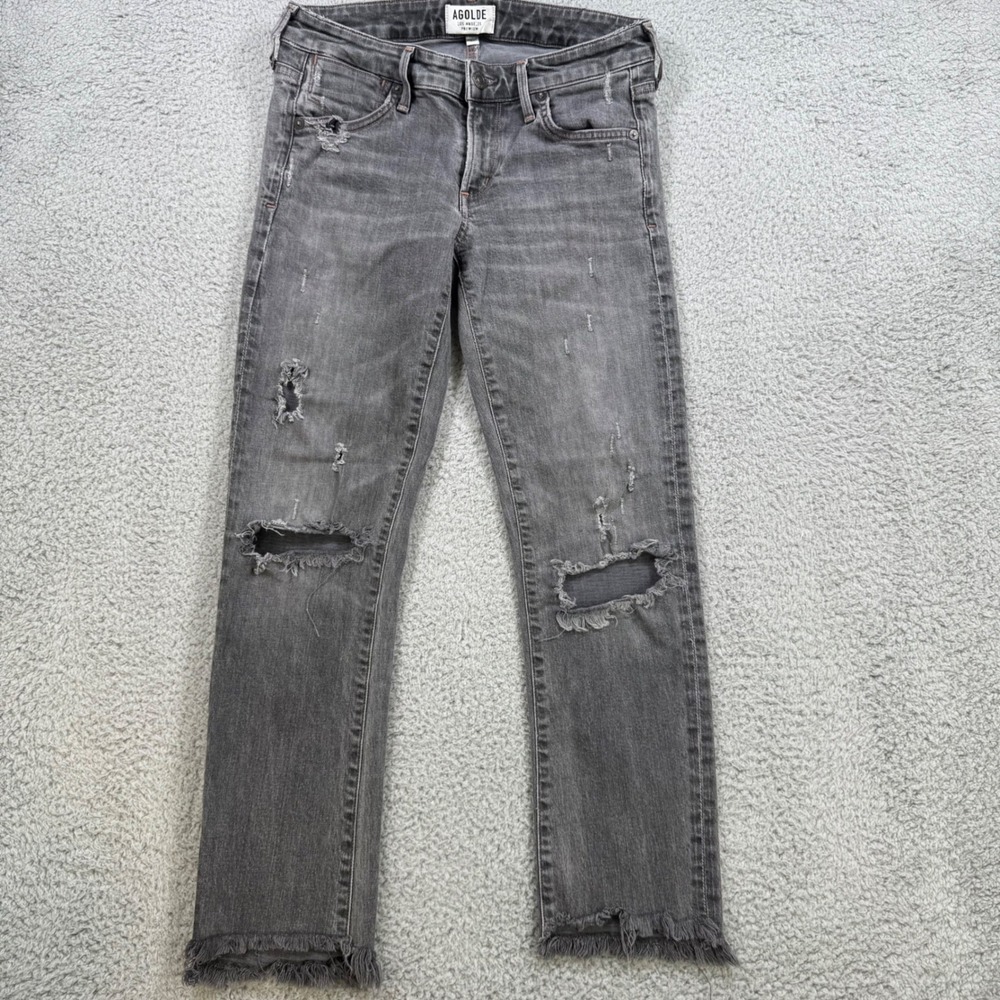 AGOLDE Women Denim Jeans Grey Distressed Cropped Raw Hem Size 27‎
